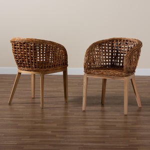 Baxton Studio Mario Modern Bohemian Natural Brown Finished Teak Wood And Rattan 2-Piece Dining Chair Set