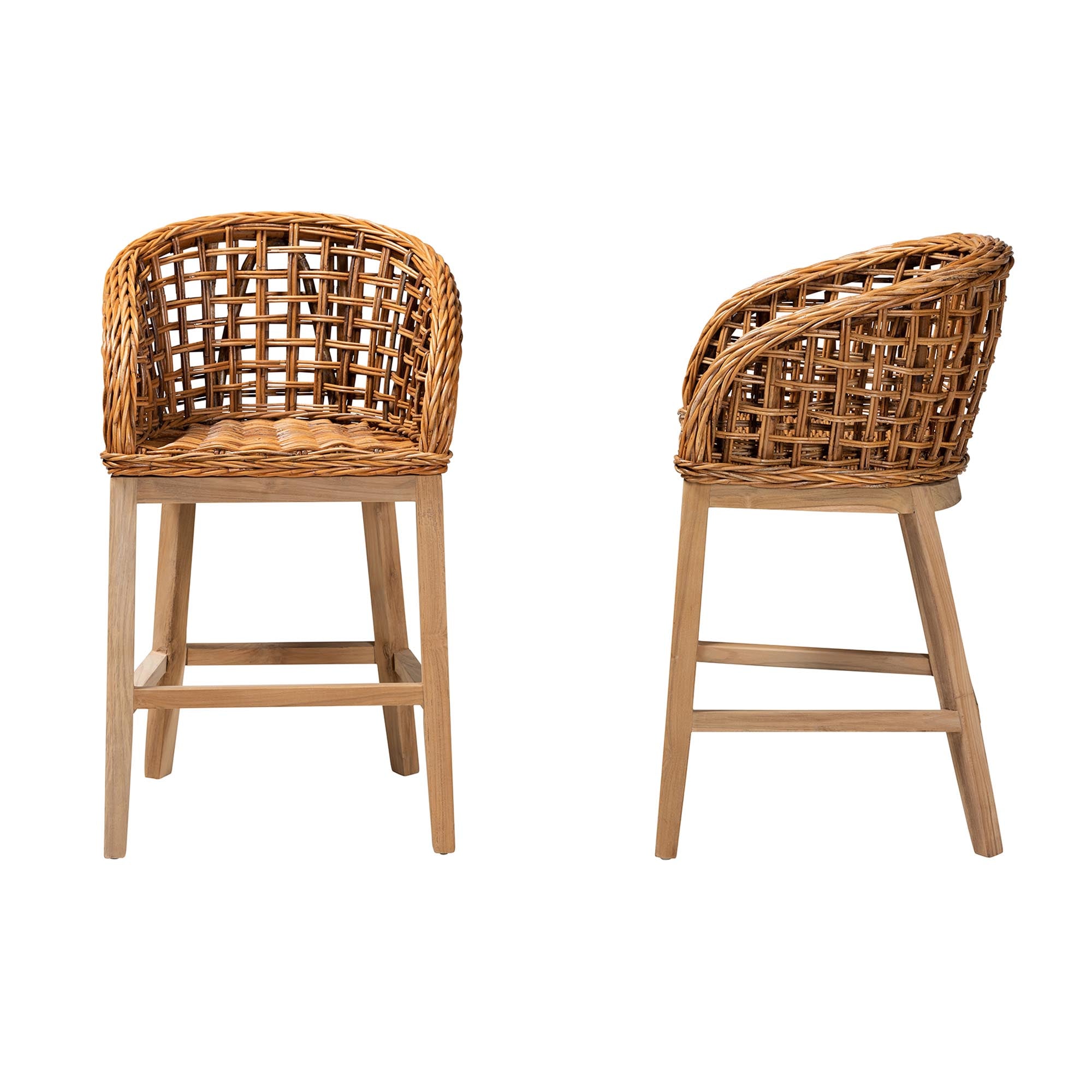 Baxton Studio Mario Modern Bohemian Natural Brown Finished Teak Wood And Rattan 2-Piece Counter Stool Set