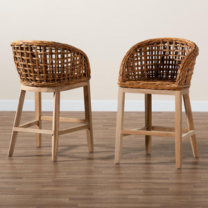 Baxton Studio Mario Modern Bohemian Natural Brown Finished Teak Wood And Rattan 2-Piece Counter Stool Set