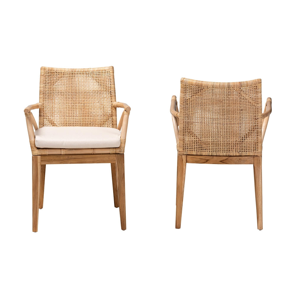 Baxton Studio Storsel Modern Bohemian Natural Brown Finished Teak Wood And Rattan 2-Piece Dining Chair Set