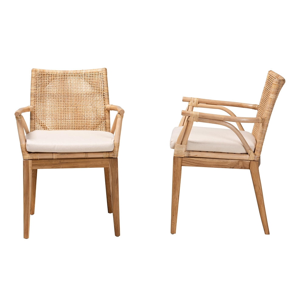 Baxton Studio Storsel Modern Bohemian Natural Brown Finished Teak Wood And Rattan 2-Piece Dining Chair Set