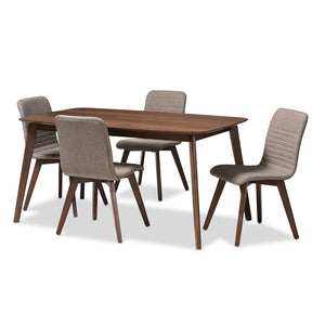 Baxton Studio Sugar Mid-Century Modern Light Grey Fabric Upholstered Walnut Wood Finished 5-Piece Dining Set