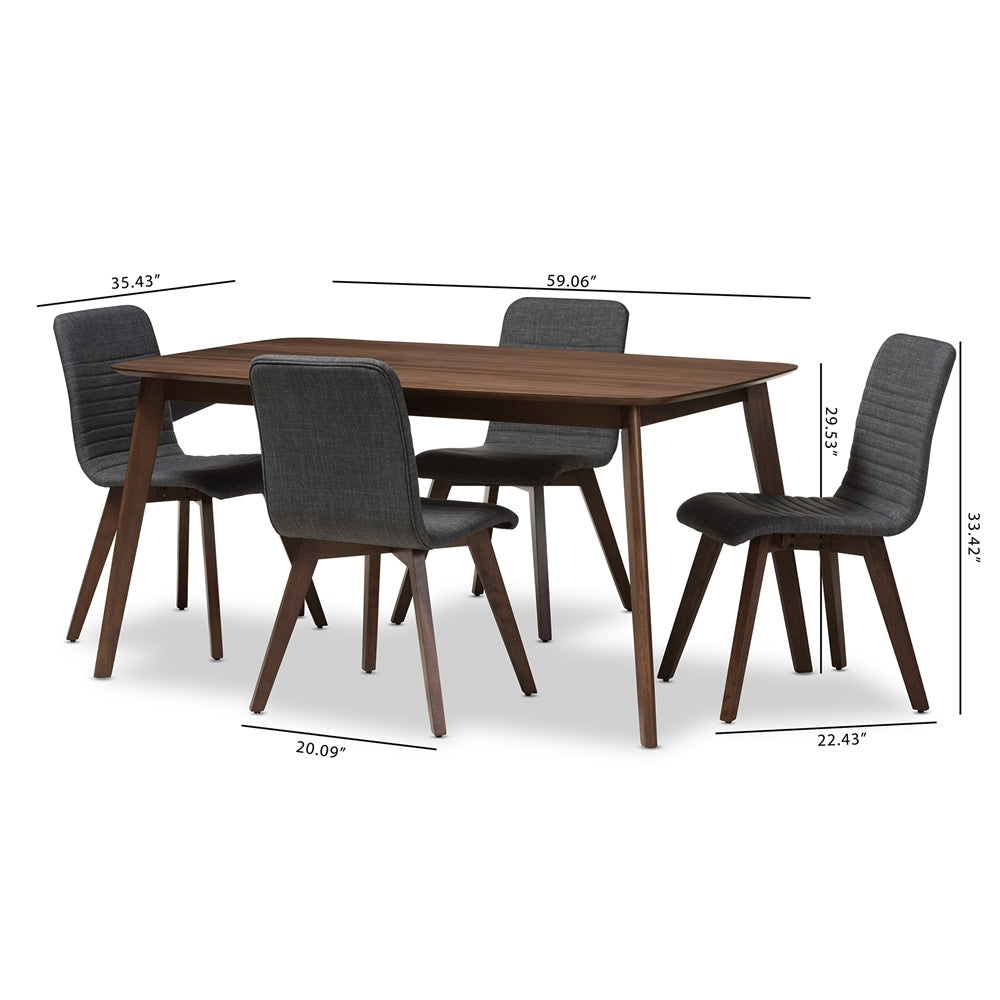 Baxton Studio Sugar Mid-Century Modern Dark Grey Fabric Upholstered Walnut Wood Finished 5-Piece Dining Set