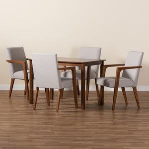 Baxton Studio Glenda Mid-Century Modern Greyish Beige Fabric Upholstered And Walnut Brown Finished Wood 5-Piece Dining Set