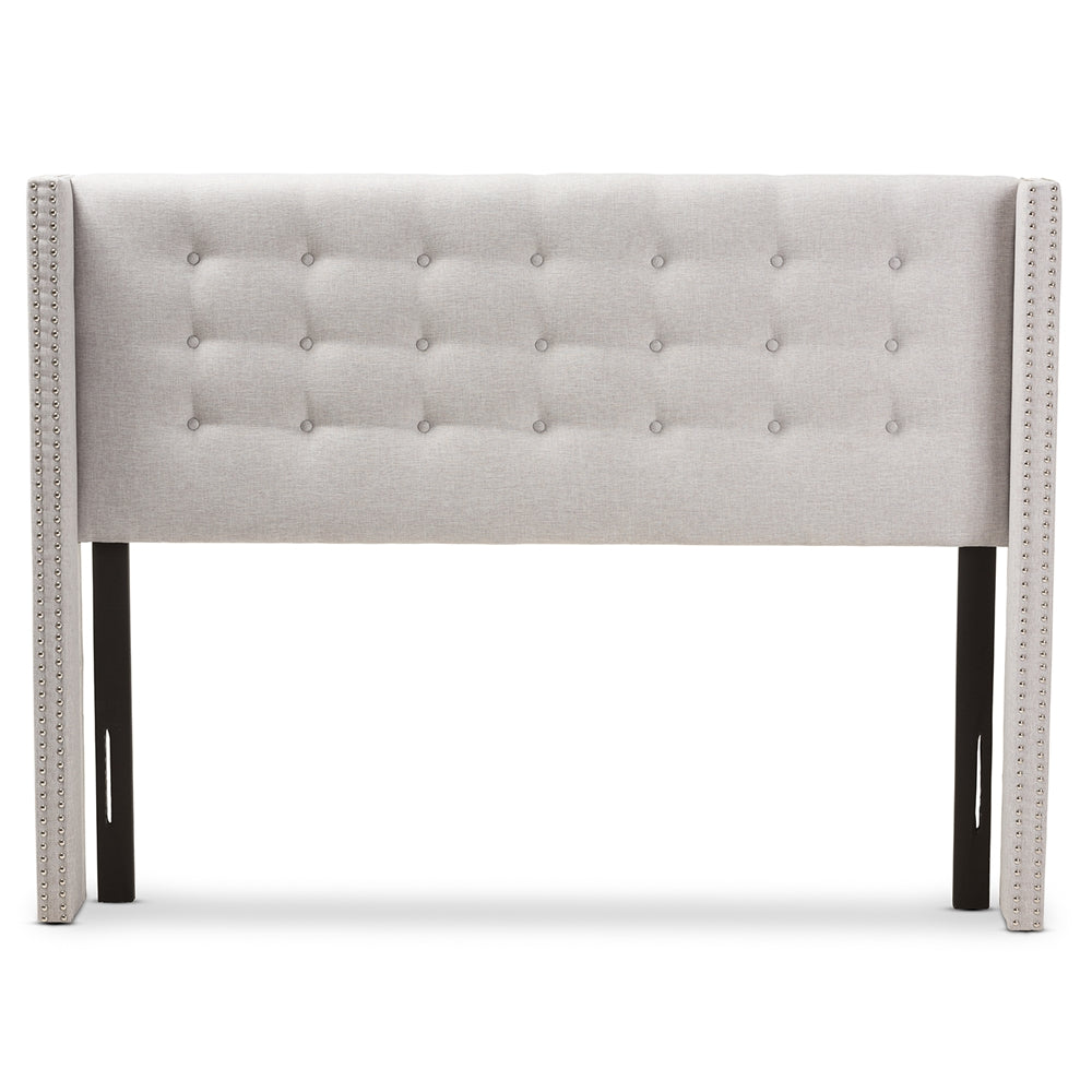 Baxton Studio Ginaro Modern And Contemporary Greyish Beige Fabric Button-Tufted Nail Head Queen Size Winged Headboard