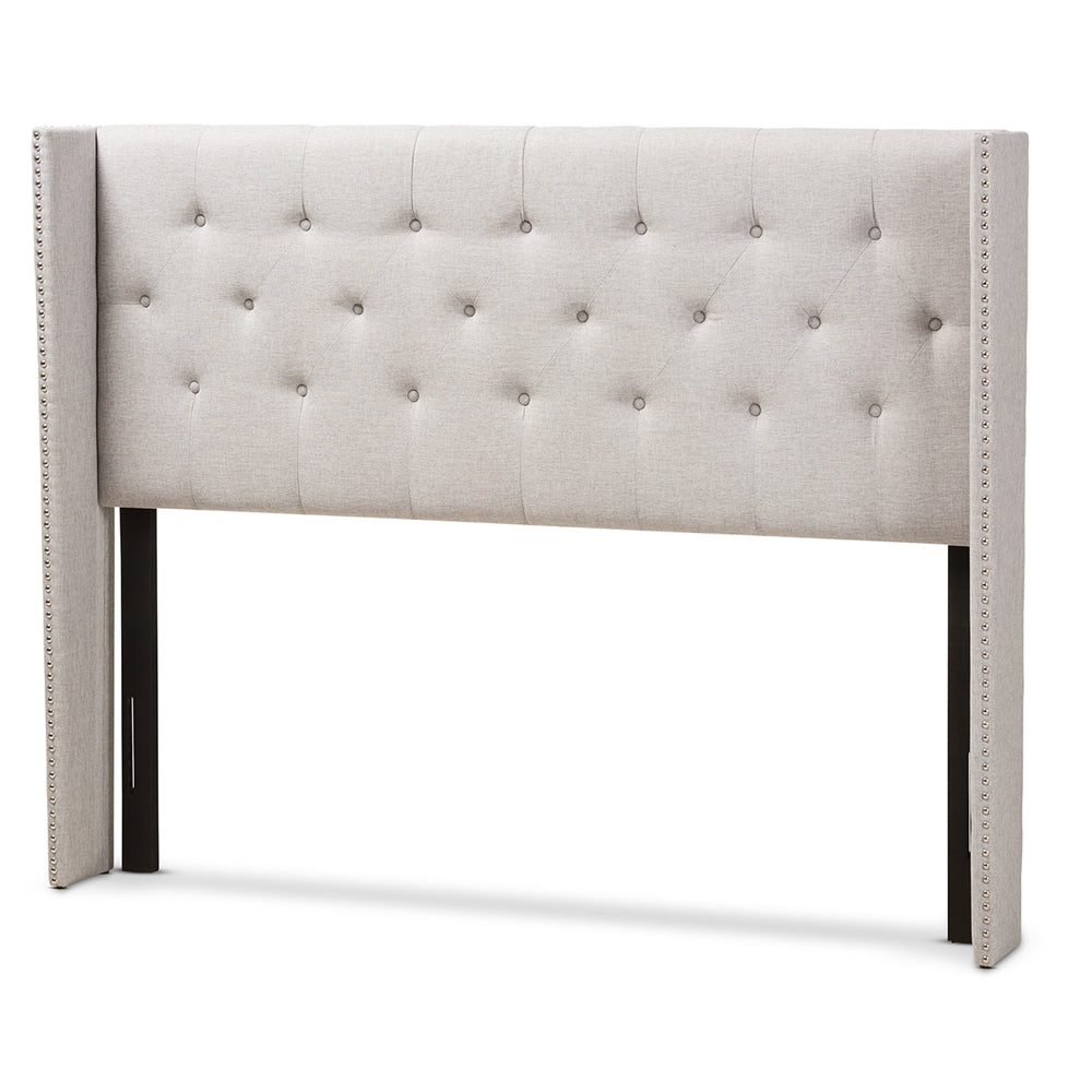 Baxton Studio Ally Modern And Contemporary Greyish Beige Fabric Button-Tufted Nail Head King Size Winged Headboard