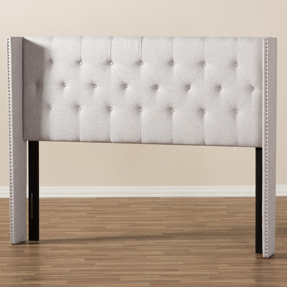 Baxton Studio Ally Modern And Contemporary Greyish Beige Fabric Button-Tufted Nail Head King Size Winged Headboard