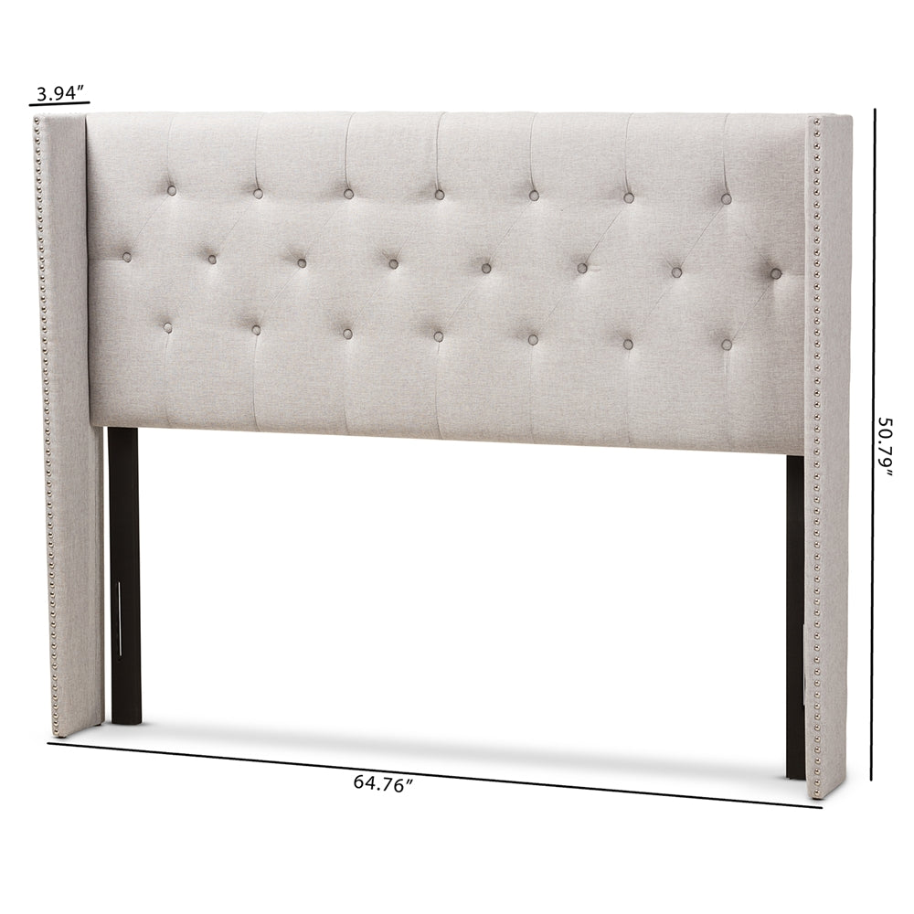 Baxton Studio Ally Modern And Contemporary Greyish Beige Fabric Button-Tufted Nail Head King Size Winged Headboard