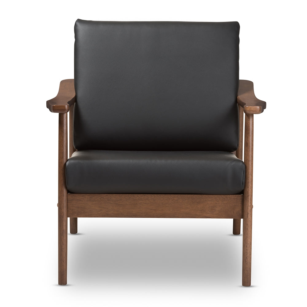 Baxton Studio Venza Mid-Century Modern Walnut Wood Black Faux Leather Lounge Chair