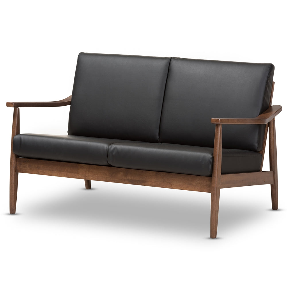 Baxton Studio Venza Mid-Century Modern Walnut Wood Black Faux Leather 2-Seater Loveseat