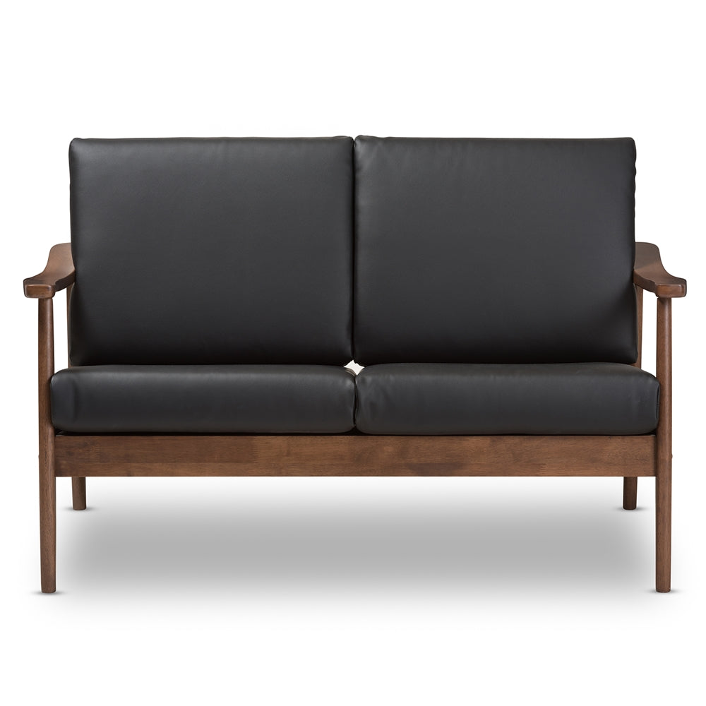 Baxton Studio Venza Mid-Century Modern Walnut Wood Black Faux Leather 2-Seater Loveseat