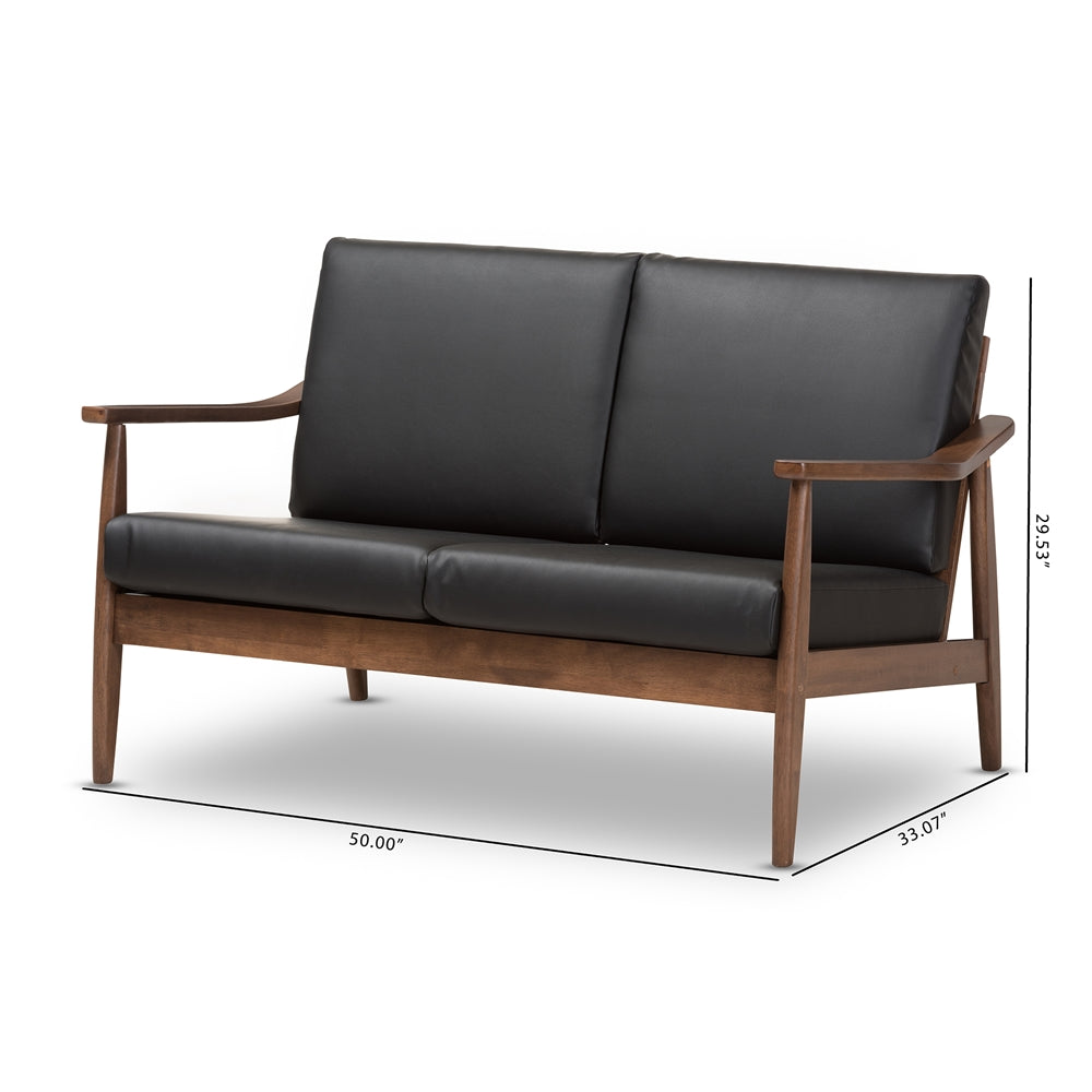 Baxton Studio Venza Mid-Century Modern Walnut Wood Black Faux Leather 2-Seater Loveseat