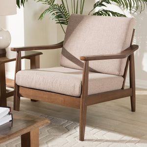 Baxton Studio Venza Mid-Century Modern Walnut Wood Light Brown Fabric Upholstered Lounge Chair