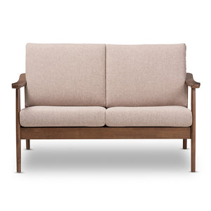 Baxton Studio Venza Mid-Century Modern Walnut Wood Light Brown Fabric Upholstered 2-Seater Loveseat