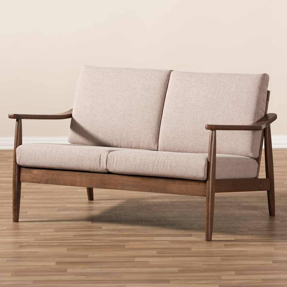 Baxton Studio Venza Mid-Century Modern Walnut Wood Light Brown Fabric Upholstered 2-Seater Loveseat