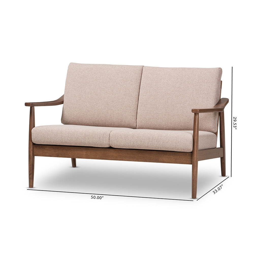 Baxton Studio Venza Mid-Century Modern Walnut Wood Light Brown Fabric Upholstered 2-Seater Loveseat