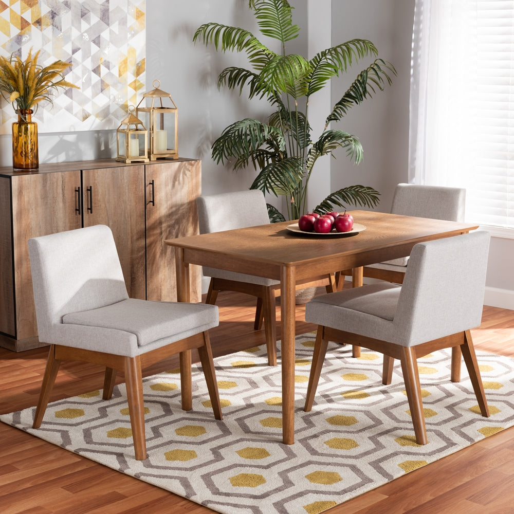 Baxton Studio Nexus Mid-Century Modern Greyish Beige Fabric Upholstered And Walnut Brown Finished Wood 5-Piece Dining Set