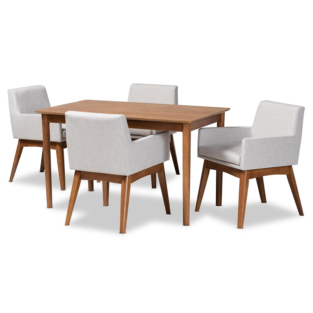 Baxton Studio Dorina Mid-Century Modern Greyish Beige Fabric Upholstered And Walnut Brown Finished Wood 5-Piece Dining Set