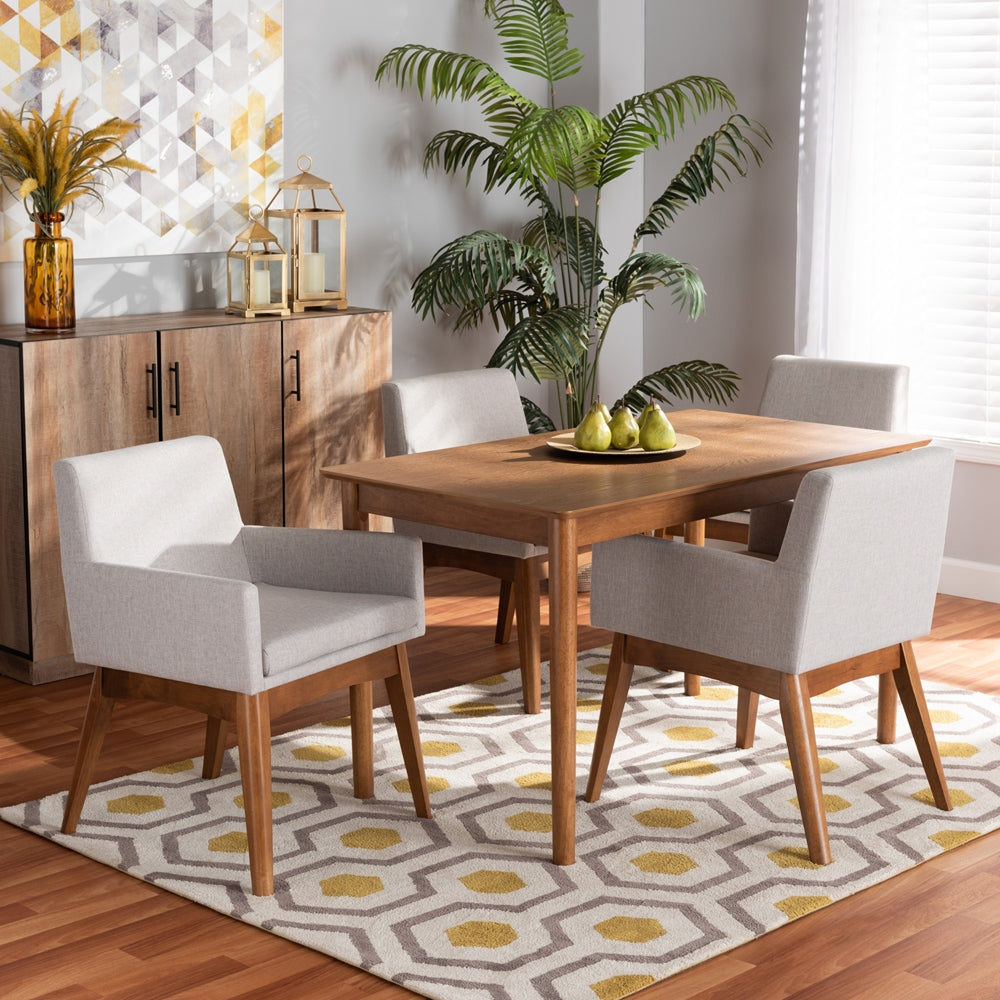 Baxton Studio Dorina Mid-Century Modern Greyish Beige Fabric Upholstered And Walnut Brown Finished Wood 5-Piece Dining Set