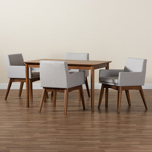 Baxton Studio Dorina Mid-Century Modern Greyish Beige Fabric Upholstered And Walnut Brown Finished Wood 5-Piece Dining Set