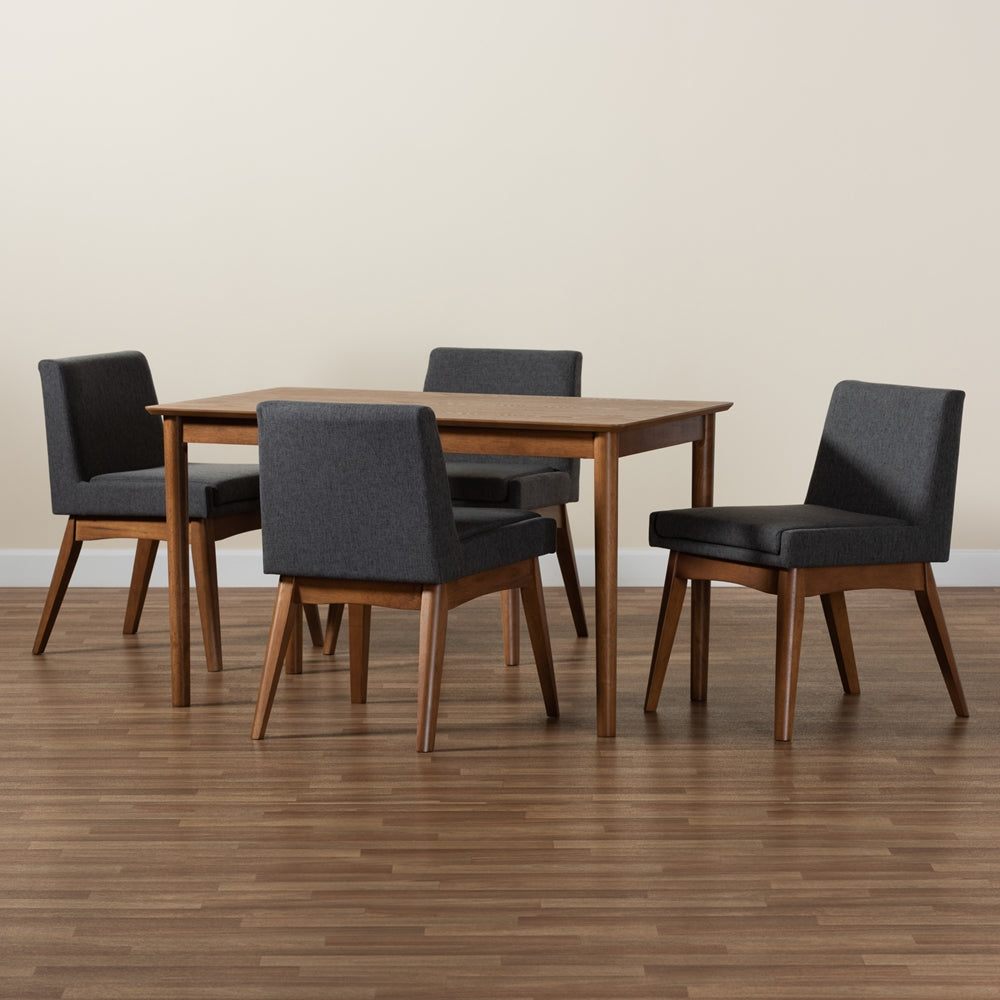 Baxton Studio Nexus Mid-Century Modern Dark Grey Fabric Upholstered And Walnut Brown Finished Wood 5-Piece Dining Set