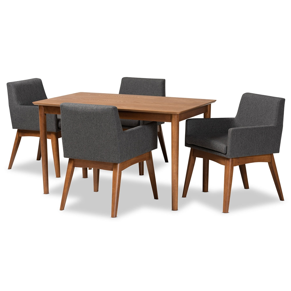 Baxton Studio Dorina Mid-Century Modern Dark Grey Fabric Upholstered And Walnut Brown Finished Wood 5-Piece Dining Set