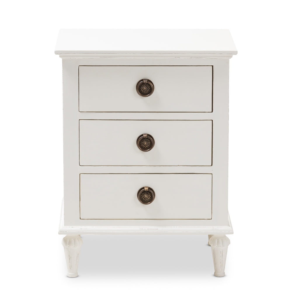 Baxton Studio Venezia French-Inspired Rustic Whitewash Wood 3-Drawer Nightstand