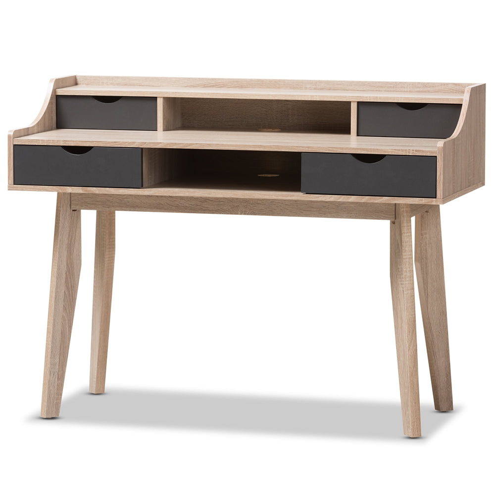 Baxton Studio Fella Mid-Century Modern 4-Drawer Oak And Grey Wood Study Desk