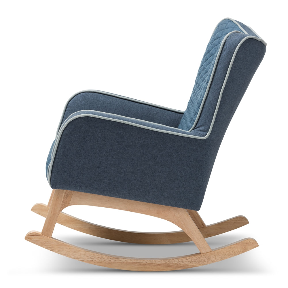 Baxton Studio Zoelle Mid-Century Modern Blue Fabric Upholstered Natural Finished Rocking Chair