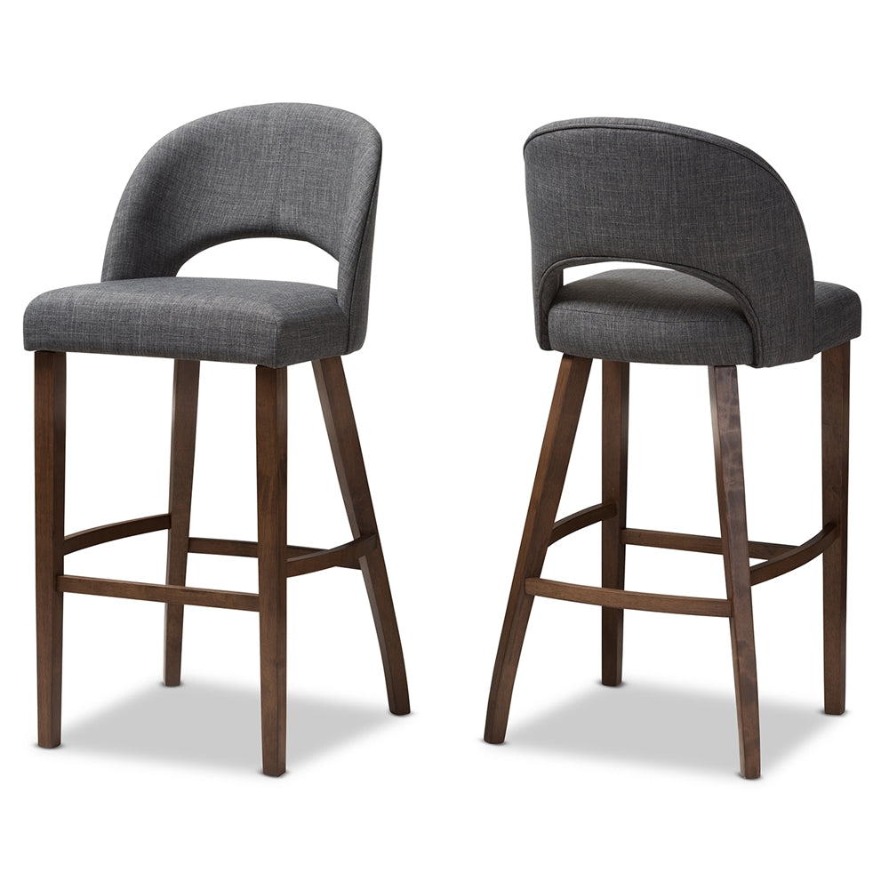 Baxton Studio Melrose Mid-Century Modern Dark Grey Fabric Upholstered Walnut Finished Wood Bar Stool (Set Of 2)