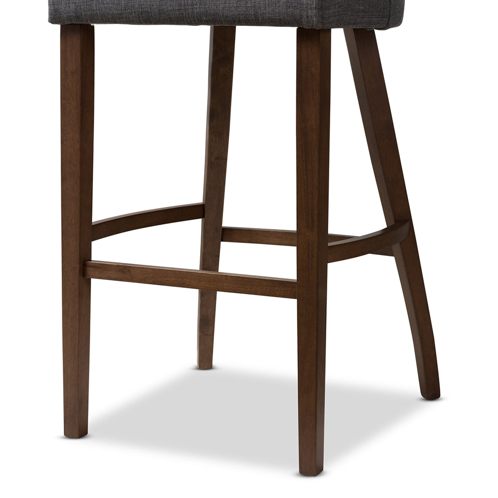 BAXTON STUDIO MELROSE MID-CENTURY MODERN DARK GREY FABRIC UPHOLSTERED WALNUT FINISHED WOOD BAR STOOL (SET OF 2)