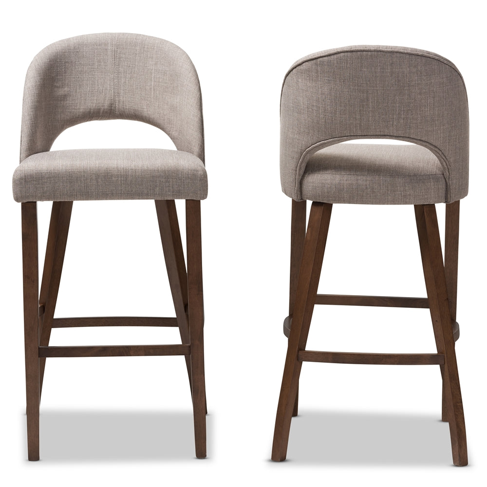 Baxton Studio Melrose Mid-Century Modern Light Grey Fabric Upholstered Walnut Finished Wood Bar Stool (Set Of 2)