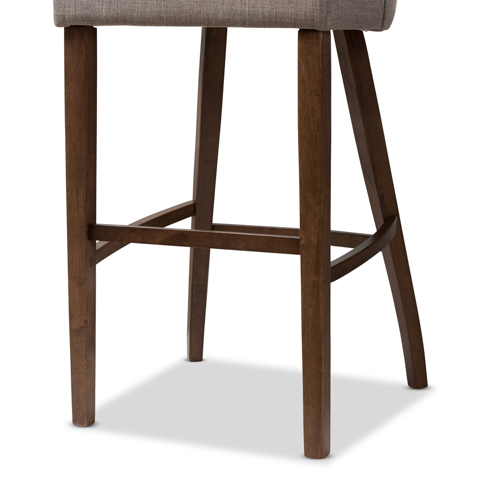 BAXTON STUDIO MELROSE MID-CENTURY MODERN LIGHT GREY FABRIC UPHOLSTERED WALNUT FINISHED WOOD BAR STOOL (SET OF 2)