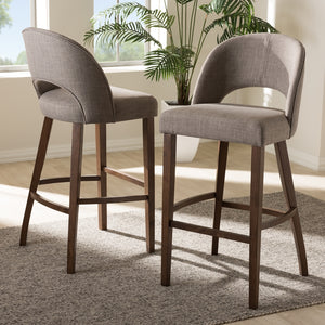 Baxton Studio Melrose Mid-Century Modern Light Grey Fabric Upholstered Walnut Finished Wood Bar Stool (Set Of 2)