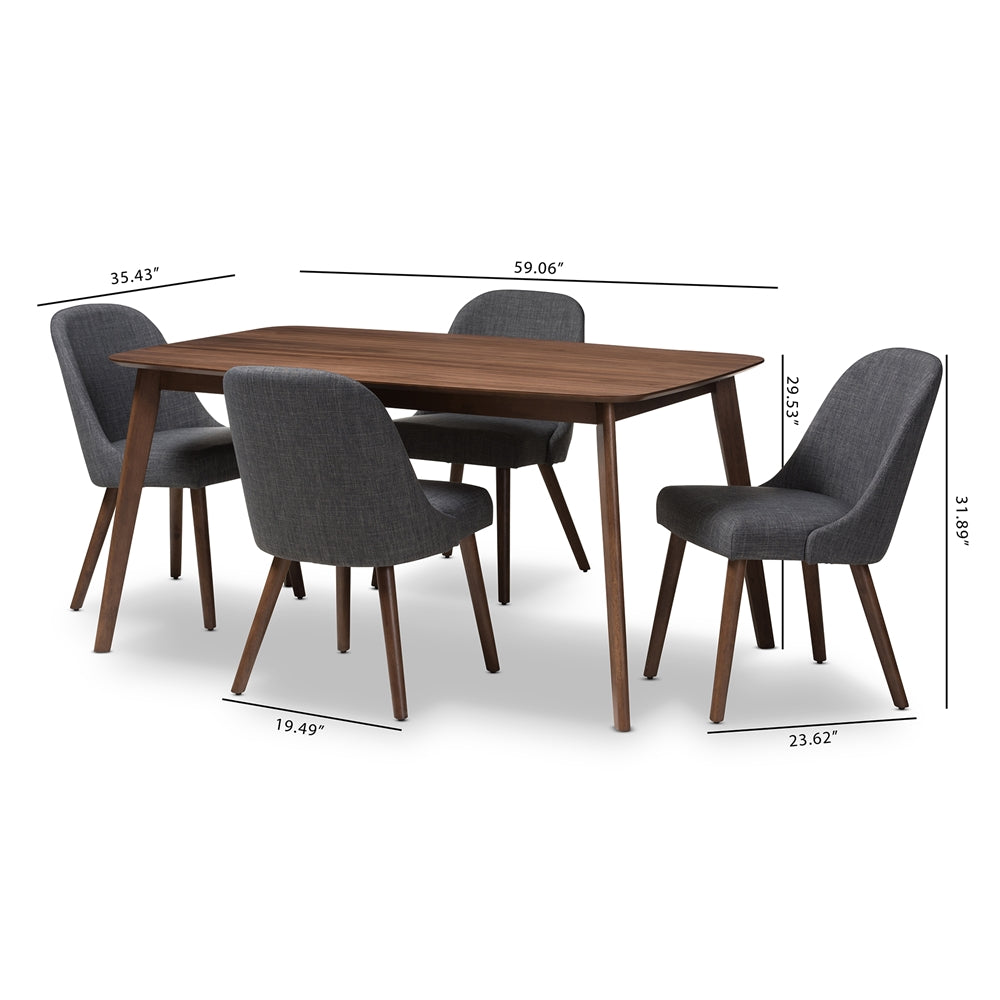 Baxton Studio Cody Mid-Century Modern Dark Grey Fabric Upholstered Walnut Finished Wood 5-Piece Dining Set