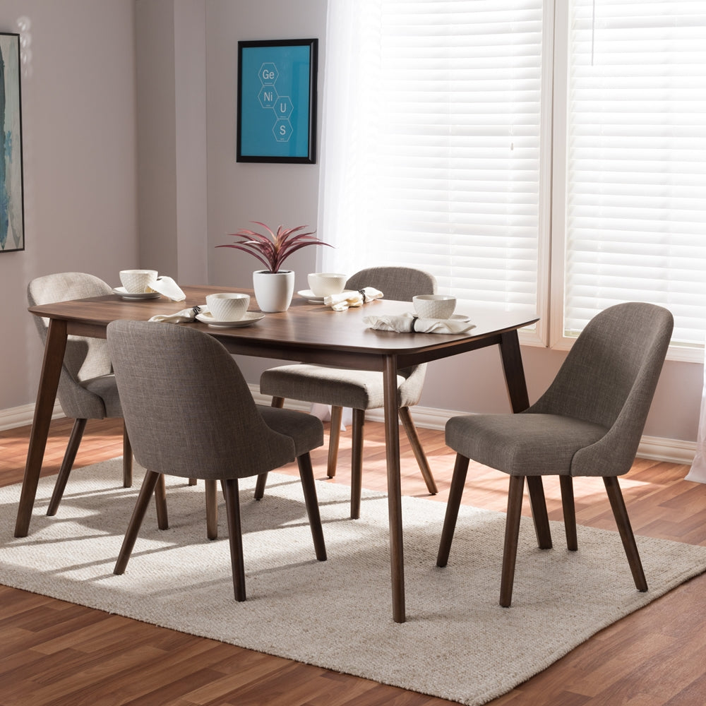 Baxton Studio Cody Mid-Century Modern Light Grey Fabric Upholstered Walnut Finished Wood 5-Piece Dining Set