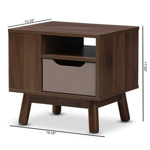 Baxton Studio Britta Mid-Century Modern Walnut Brown And Grey Two-Tone Finished Wood Nightstand