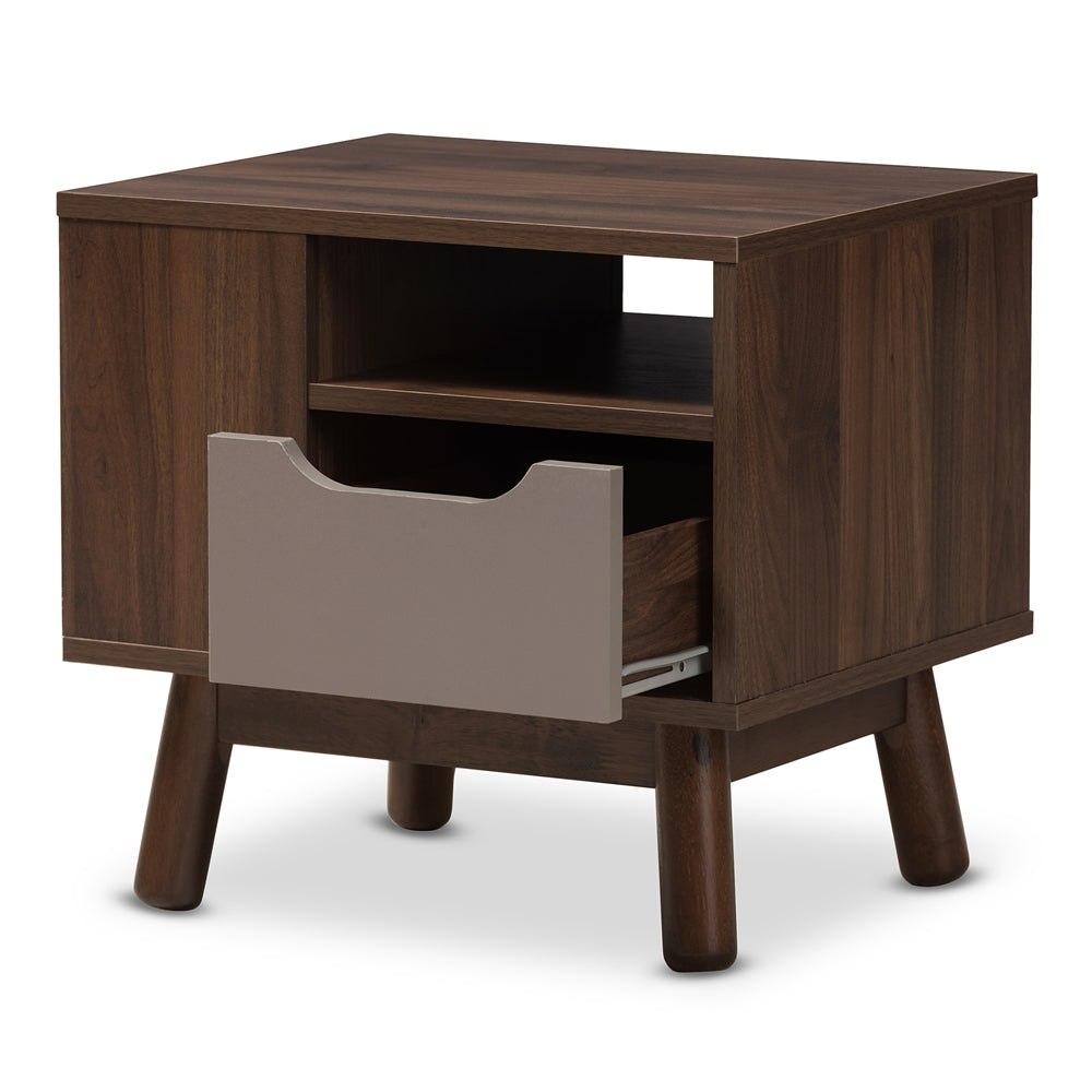 Baxton Studio Britta Mid-Century Modern Walnut Brown And Grey Two-Tone Finished Wood Nightstand