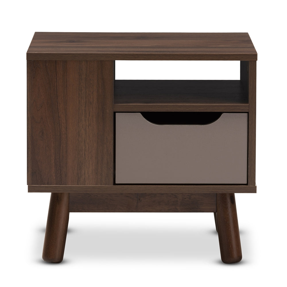 Baxton Studio Britta Mid-Century Modern Walnut Brown And Grey Two-Tone Finished Wood Nightstand