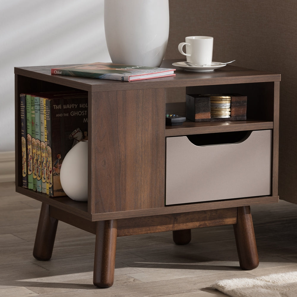 Baxton Studio Britta Mid-Century Modern Walnut Brown And Grey Two-Tone Finished Wood Nightstand