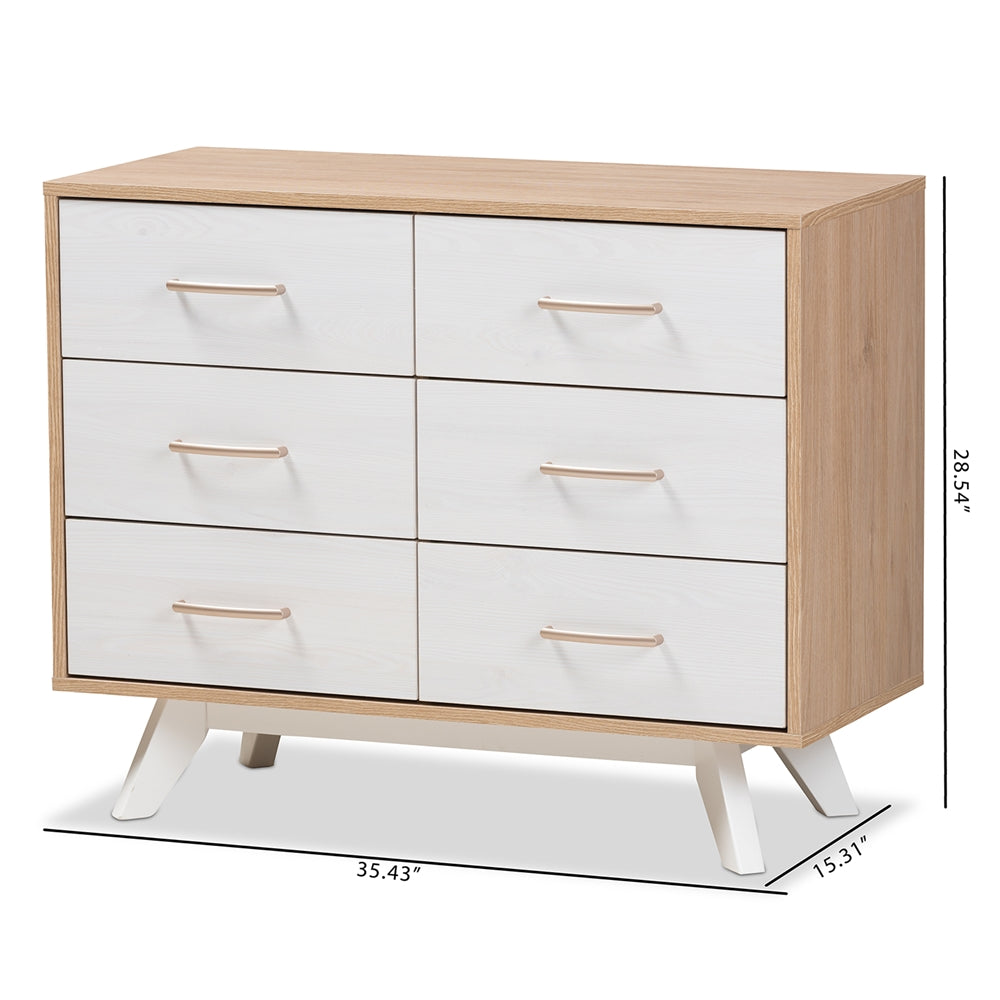 Baxton Studio Helena Mid-Century Modern Natural Oak And Whitewashed Finished Wood 6-Drawer Dresser