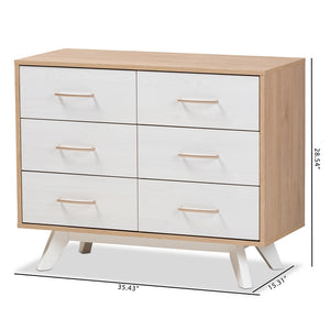 Baxton Studio Helena Mid-Century Modern Natural Oak And Whitewashed Finished Wood 6-Drawer Dresser