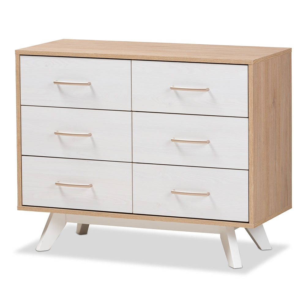 Baxton Studio Helena Mid-Century Modern Natural Oak And Whitewashed Finished Wood 6-Drawer Dresser