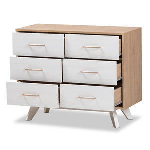 Baxton Studio Helena Mid-Century Modern Natural Oak And Whitewashed Finished Wood 6-Drawer Dresser