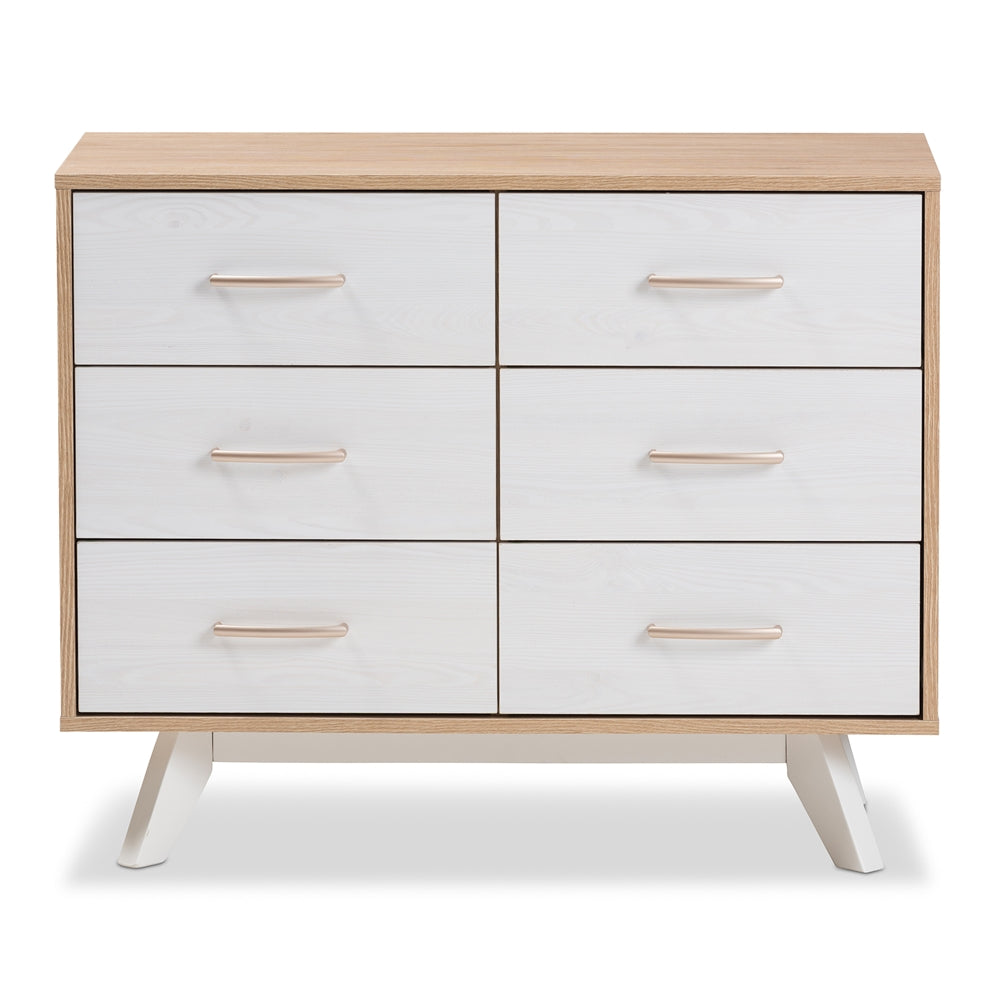 Baxton Studio Helena Mid-Century Modern Natural Oak And Whitewashed Finished Wood 6-Drawer Dresser