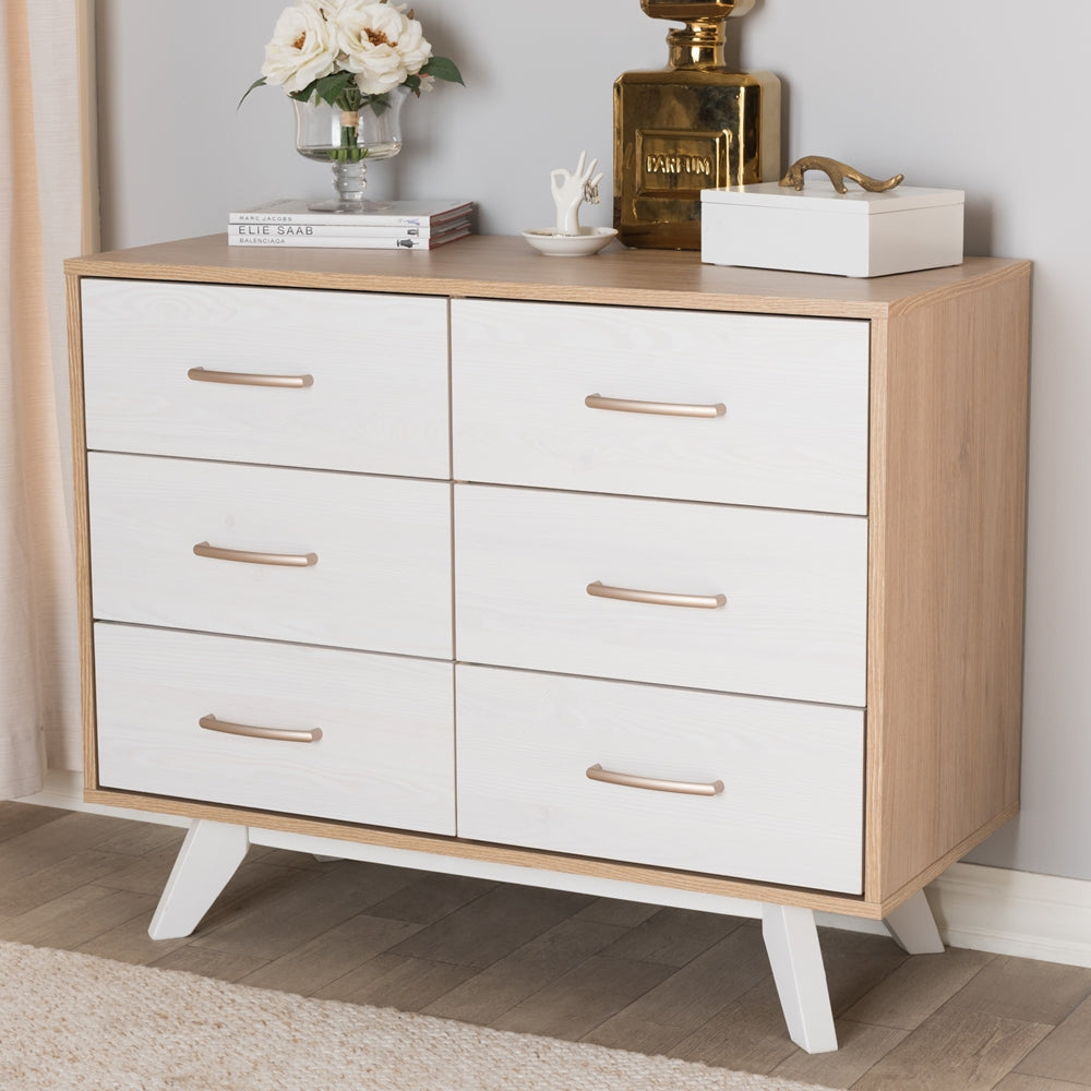 Baxton Studio Helena Mid-Century Modern Natural Oak And Whitewashed Finished Wood 6-Drawer Dresser