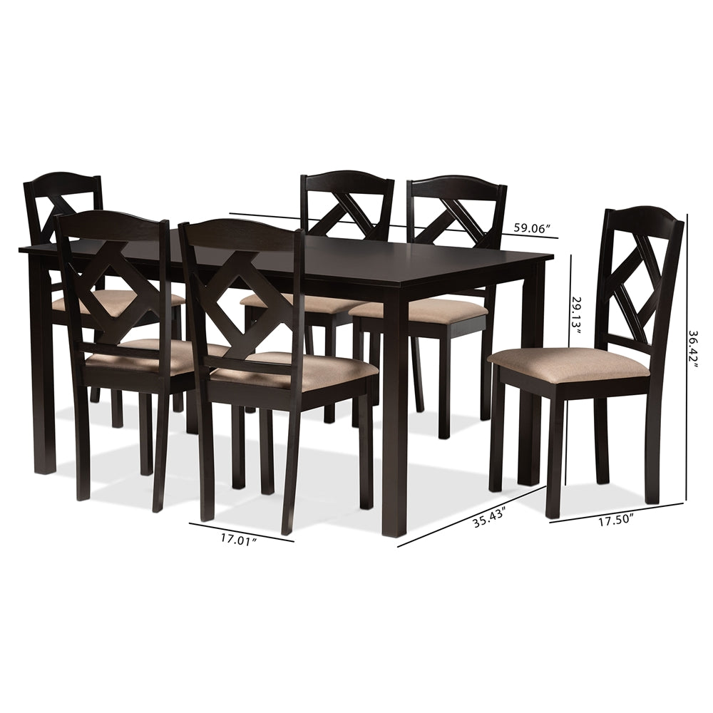 Baxton Studio Ruth Sand Fabric Upholstered And Dark Brown Finished Wood 7-Piece Dining Set