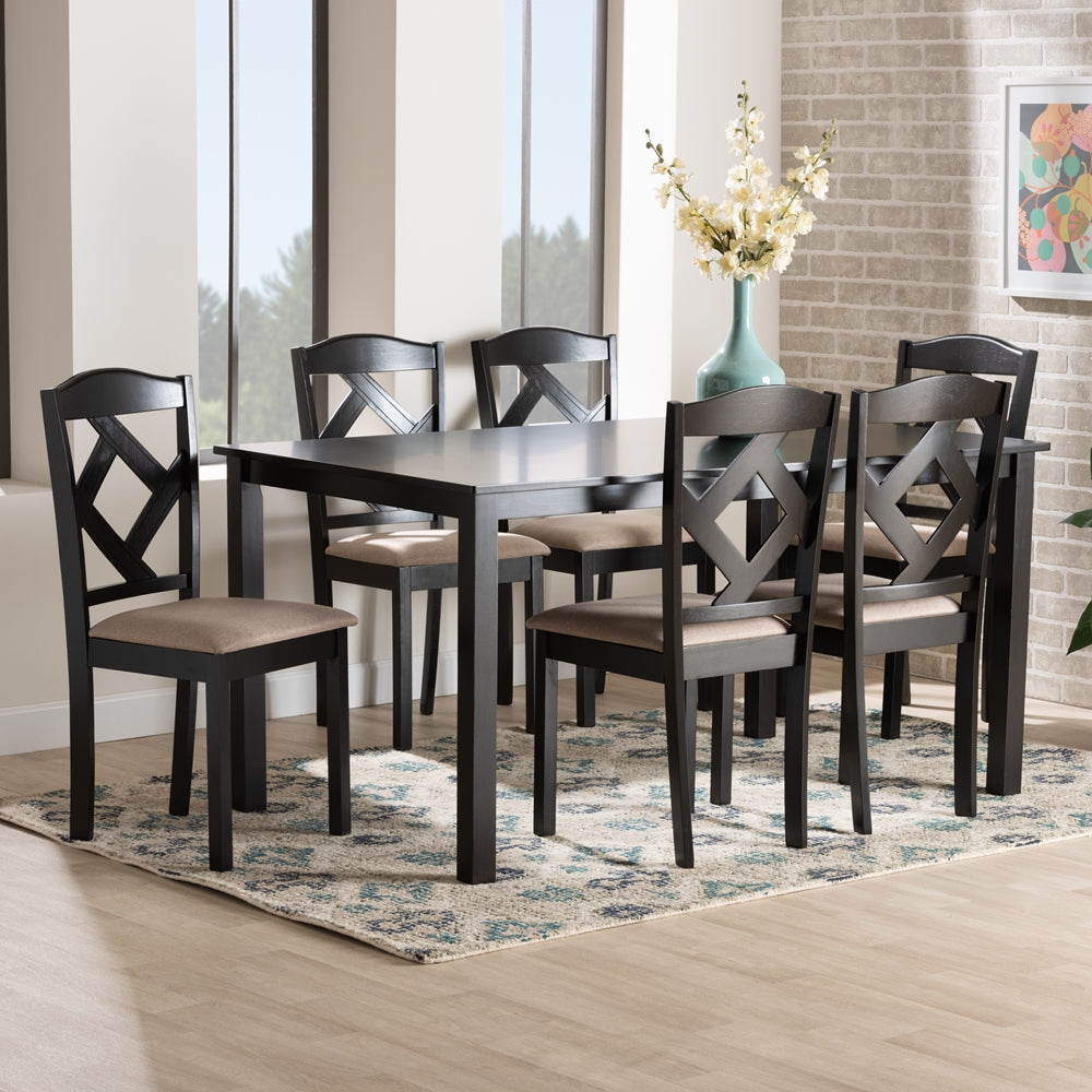 Baxton Studio Ruth Sand Fabric Upholstered And Dark Brown Finished Wood 7-Piece Dining Set