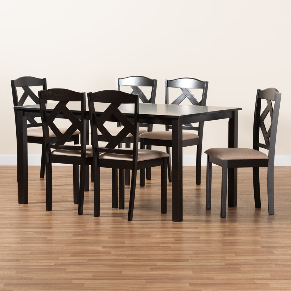 Baxton Studio Ruth Sand Fabric Upholstered And Dark Brown Finished Wood 7-Piece Dining Set