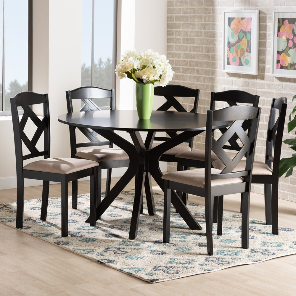 Baxton Studio Carlin Sand Fabric Upholstered And Dark Brown Finished Wood 7-Piece Dining Set